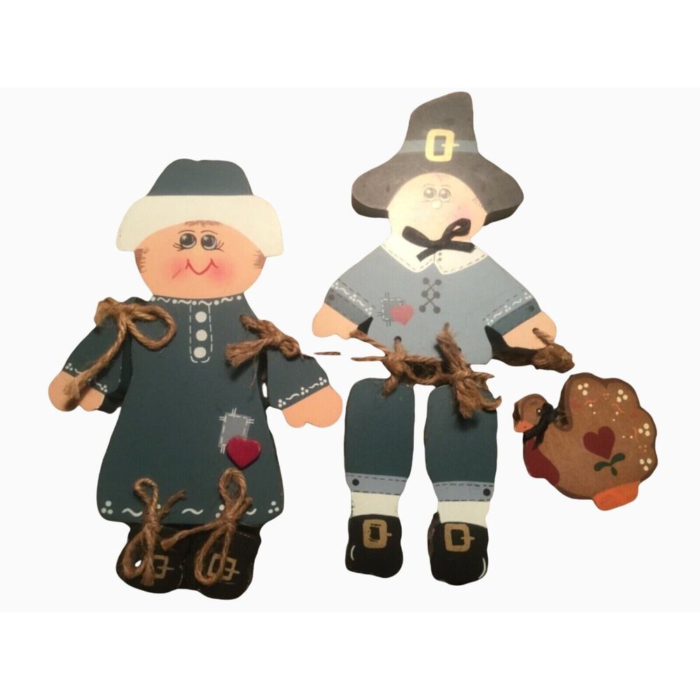 Wooden Thanksgiving Pilgrim Man and Lady Figurine with Dangling Legs